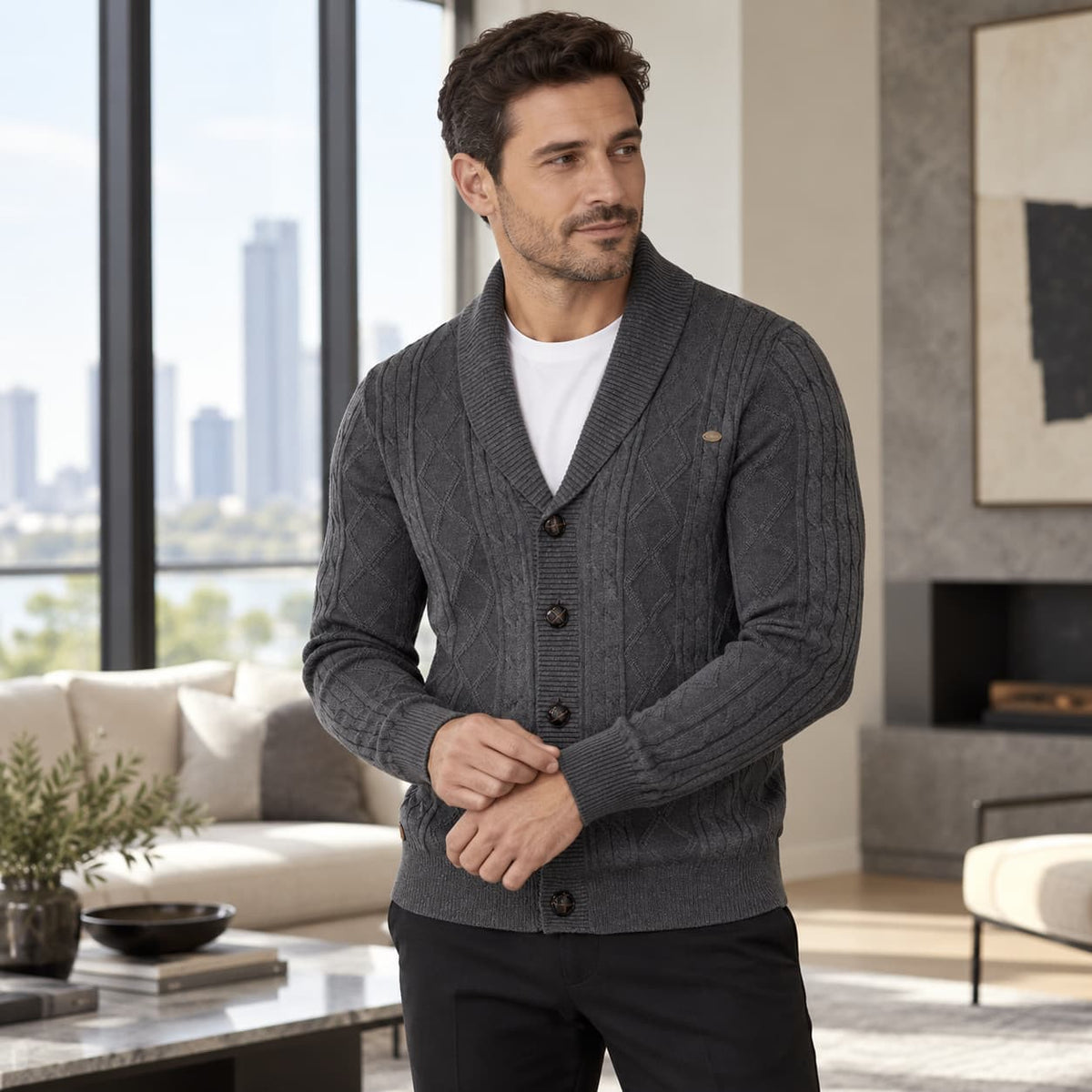 Men’s Shawl Collar Cable Knit Cardigan